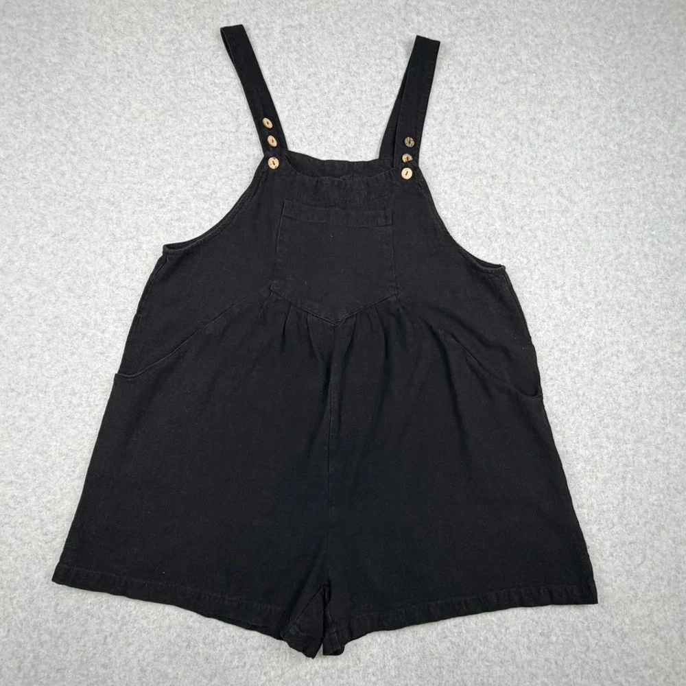 Anrabess Womens Large Black Linen Blend Short Overalls Adjustable Romper Pockets